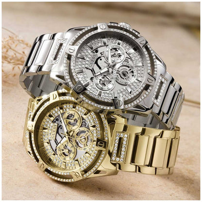 GUESS King Stainless Steel Multifunction Men's Watch GW0497G1 - 48mm Silver Tone, Crystals Bezel, Analogue Dial