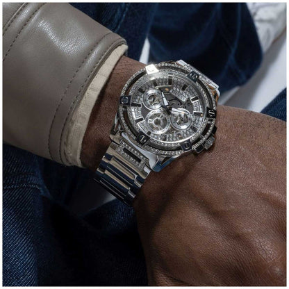 GUESS King Stainless Steel Multifunction Men's Watch GW0497G1 - 48mm Silver Tone, Crystals Bezel, Analogue Dial