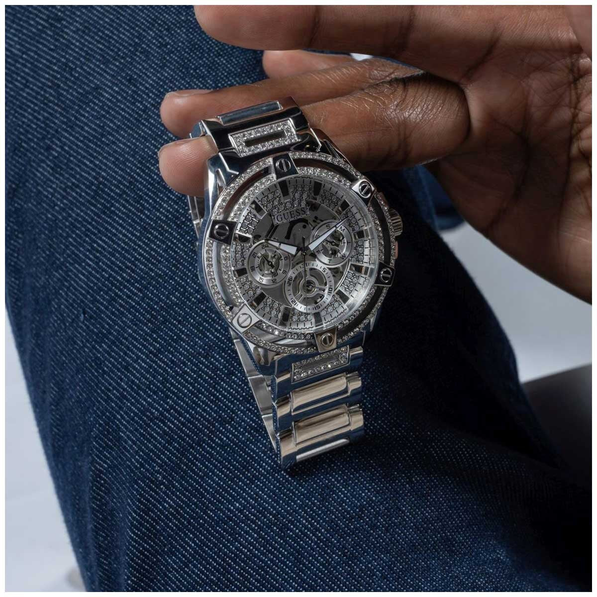 GUESS King Stainless Steel Multifunction Men's Watch GW0497G1 - 48mm Silver Tone, Crystals Bezel, Analogue Dial