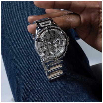GUESS King Stainless Steel Multifunction Men's Watch GW0497G1 - 48mm Silver Tone, Crystals Bezel, Analogue Dial