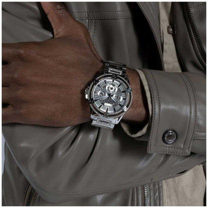 GUESS King Stainless Steel Multifunction Men's Watch GW0497G1 - 48mm Silver Tone, Crystals Bezel, Analogue Dial