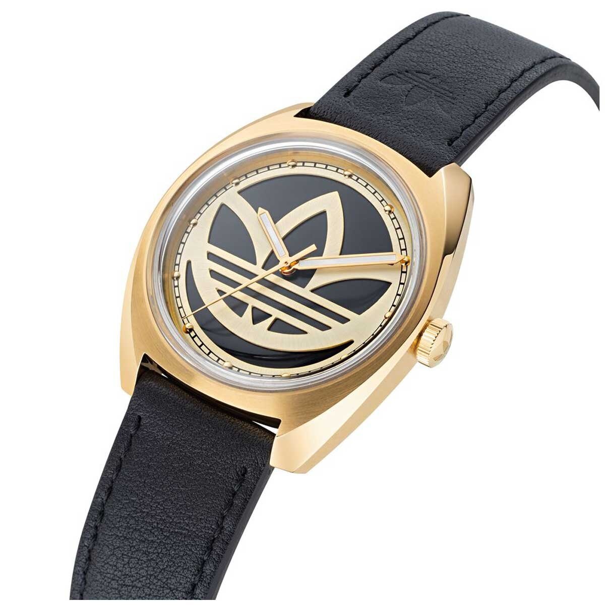 Adidas Originals Edition One Gold Tone Black Strap Watch AOFH22512 - Innovative Design, Gold Tone Trefoil Logo, Stainless Steel Case, Black Leather Strap