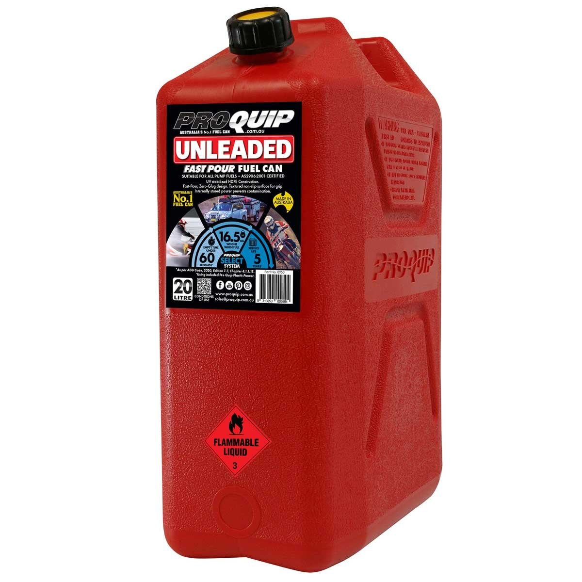 Pro Quip Fast Pour Plastic Fuel Can 20L Unleaded Red - SuperSaverAU - view 2