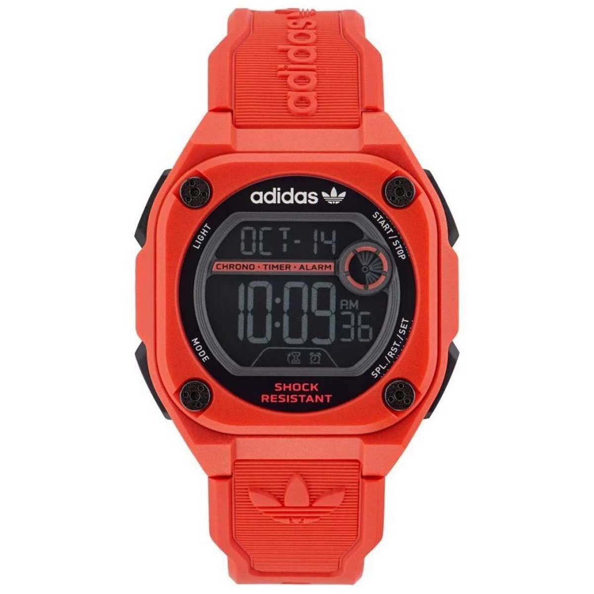 Adidas Originals City Tech Two Red Silicone Digital Watch AOST23063 - 45mm Red Resin Case, Black Digital Display Dial, Trefoil Logo on Strap