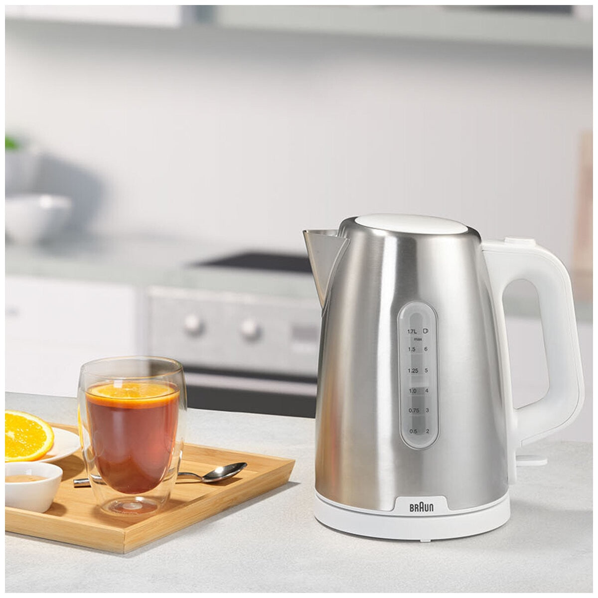 Braun Purshine Stainless Steel Kettle WK1500WH | Rapid Boil System, Double Scale Water Window, Fast Boiling - 1.7L