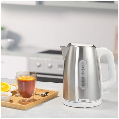 Braun Purshine Stainless Steel Kettle WK1500WH | Rapid Boil System, Double Scale Water Window, Fast Boiling - 1.7L