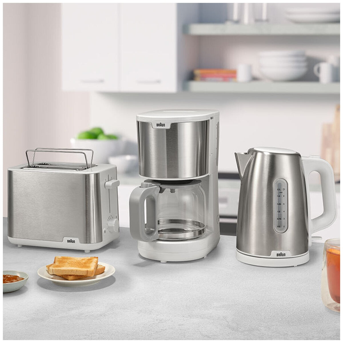 Braun Purshine Stainless Steel Kettle WK1500WH | Rapid Boil System, Double Scale Water Window, Fast Boiling - 1.7L