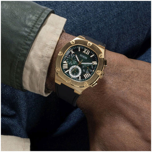 GUESS Men's Watch GW0571G3 Green Dial Black Silicone Strap 5 ATM Water Resistance