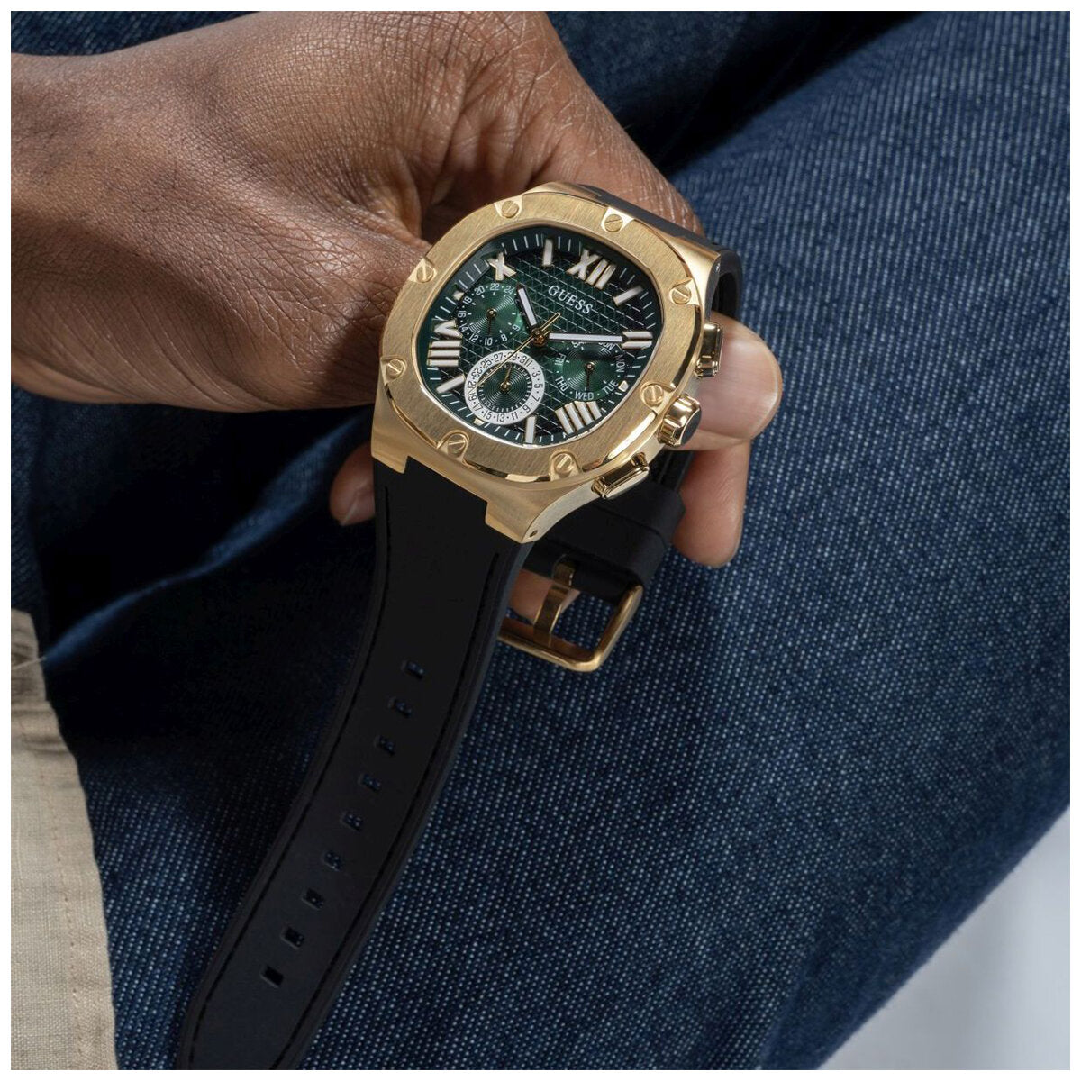 GUESS Men's Watch GW0571G3 Green Dial Black Silicone Strap 5 ATM Water Resistance