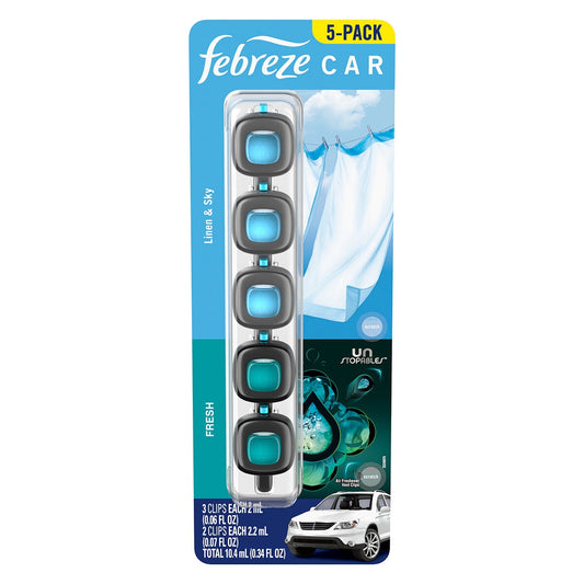 Febreze Car Vent Clips 5 Pack Linen And Sky Fresh - Long Lasting Freshness, Easy Installation, Odour Fighters