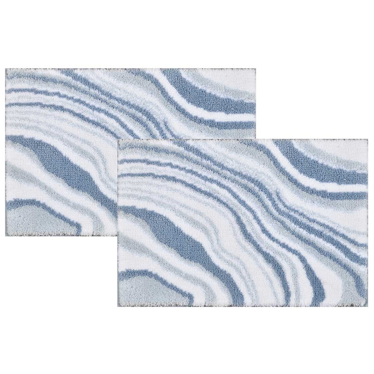 Riviera Homes Marble Print Bath Mat 2 Pack Blue 40 x 60cm Machine Washable Non Skid - Grey Taupe Blue