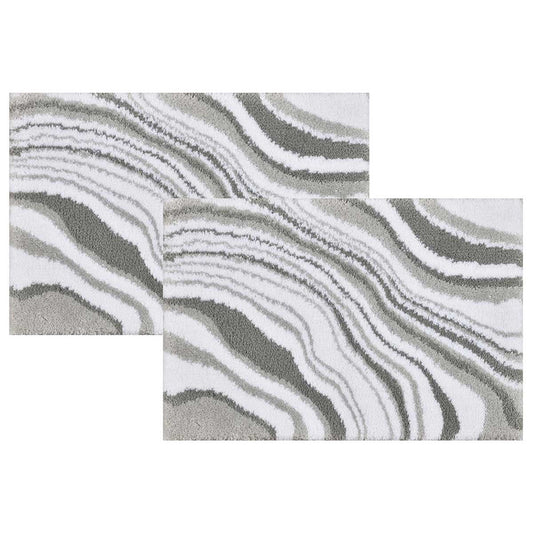 Riviera Homes Marble Print Bath Mat 2 Pack Grey 40 x 60cm - Plush, Super Soft, Machine Washable, Non Skid