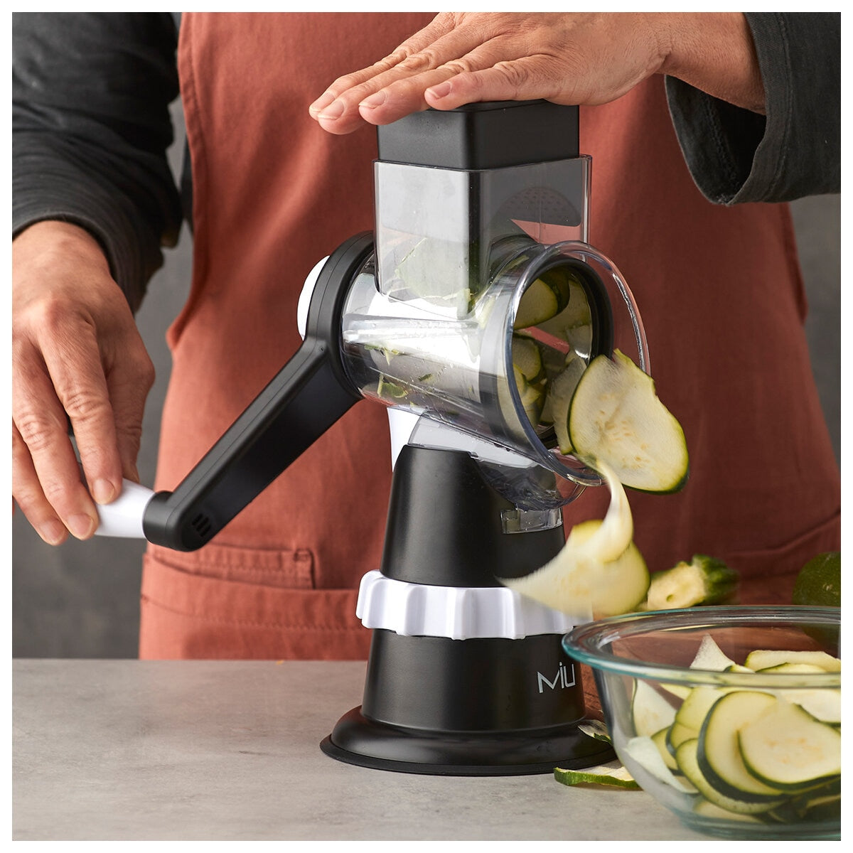 MIU Rotary Food Grater With 5 Replaceable Drums - Stainless Steel, Suction Base, Easy to Clean