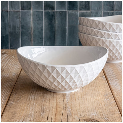 over&back Bistro Diamond Bowls 4 Pieces - White Stoneware, Microwave & Dishwasher Safe