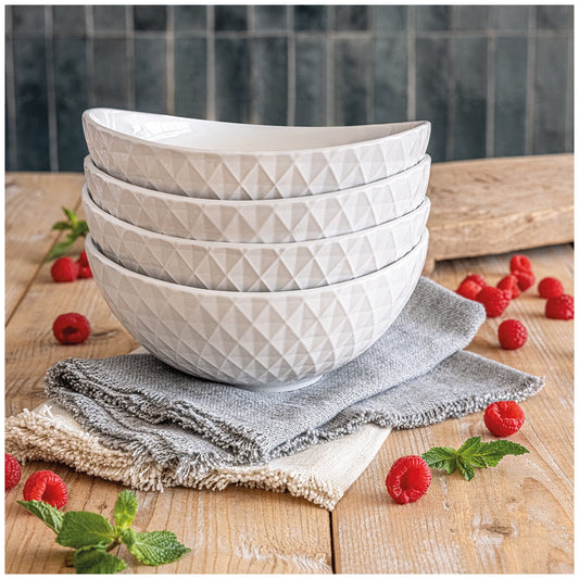 over&back Bistro Diamond Bowls 4 Pieces - White Stoneware, Microwave & Dishwasher Safe