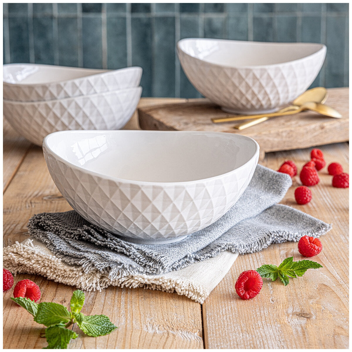 over&back Bistro Diamond Bowls 4 Pieces - White Stoneware, Microwave & Dishwasher Safe