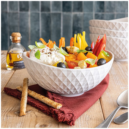 over&back Bistro Diamond Bowls 4 Pieces - White Stoneware, Microwave & Dishwasher Safe