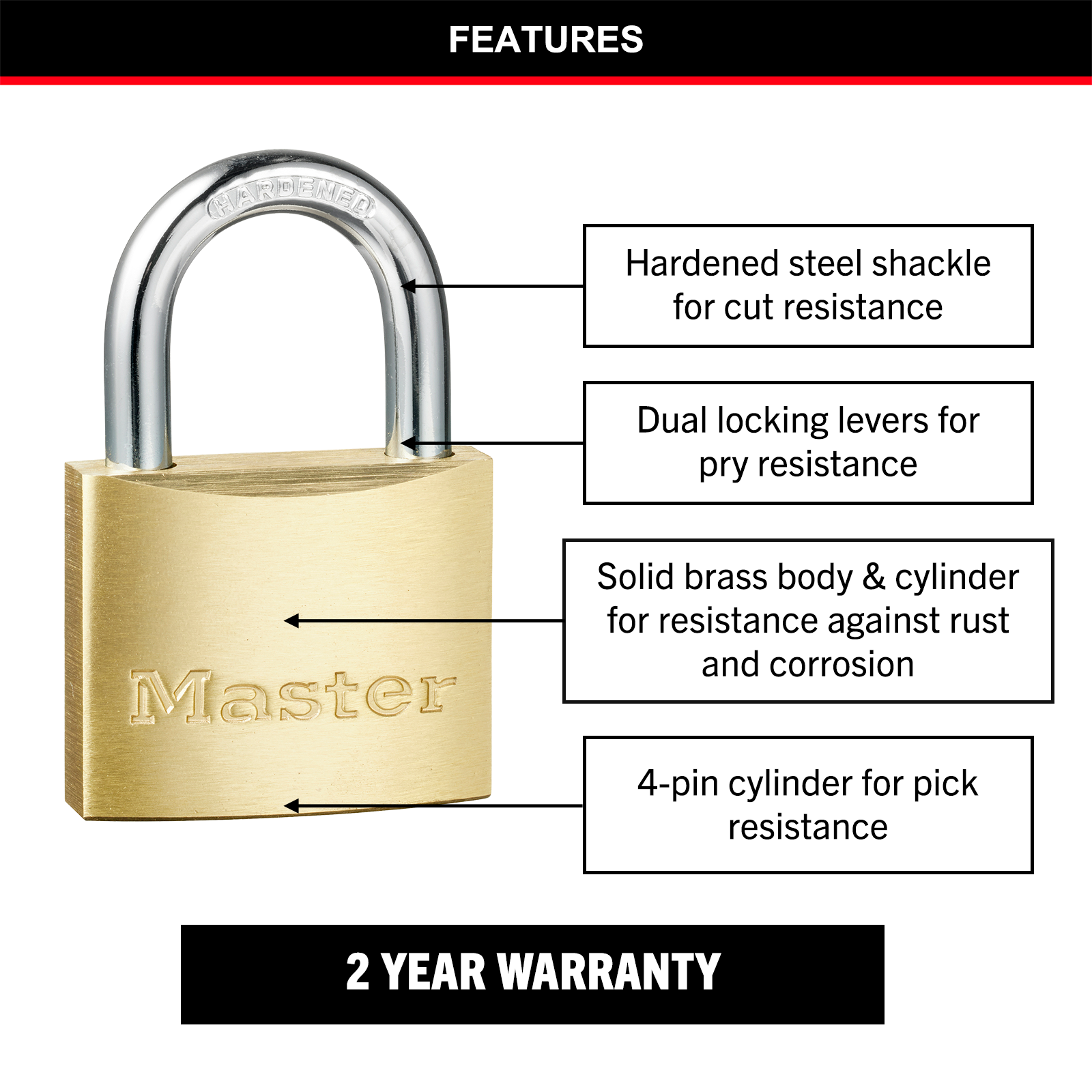 Master Lock 40mm Solid Brass Keyed Padlock, Hardened Steel Shackle, Pin Cylinder