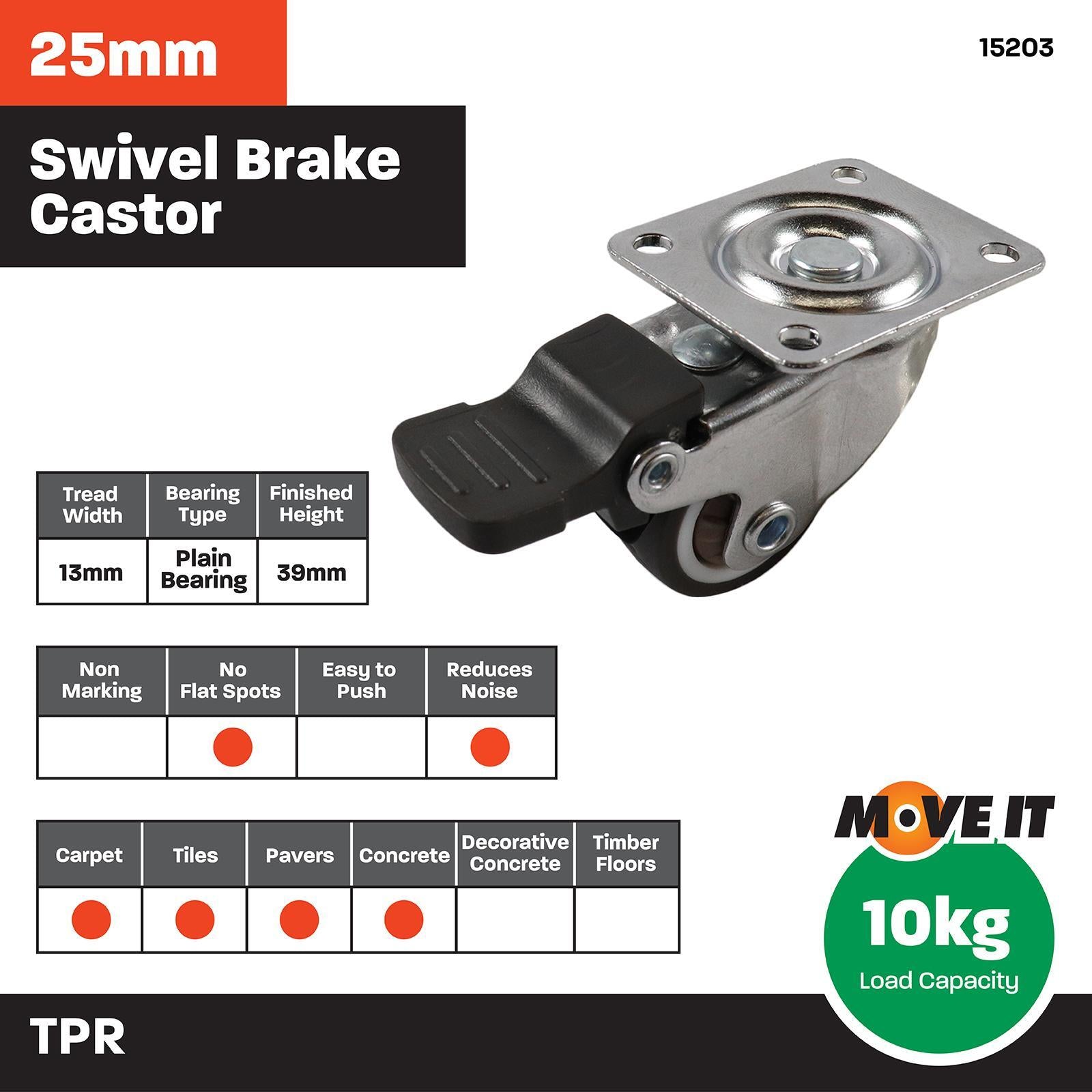 Move It 25mm 10kg Rubber Swivel Castor with Brake