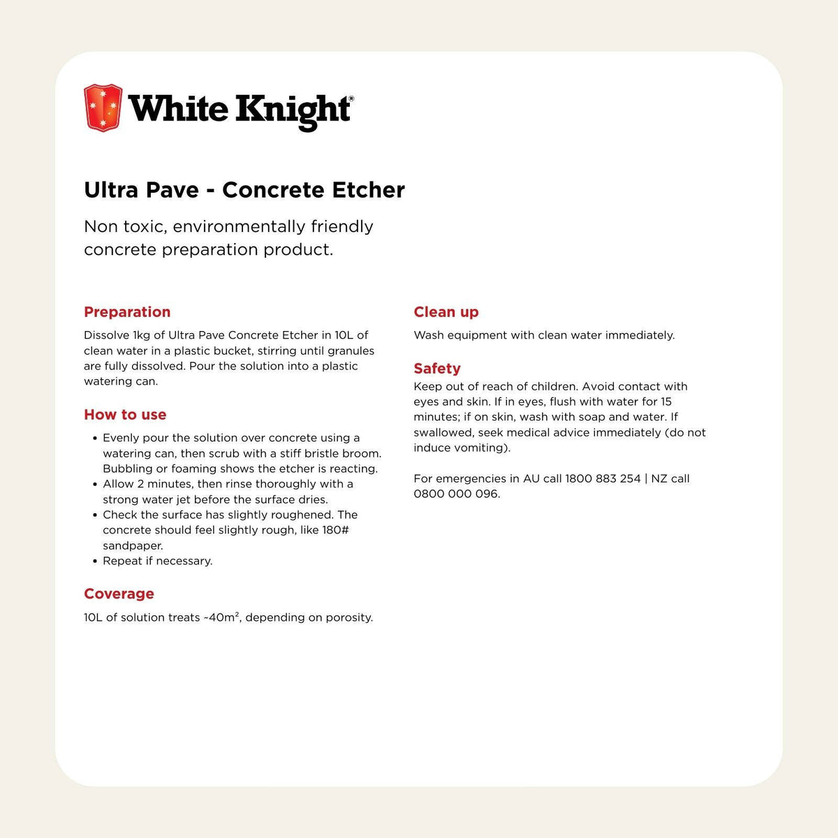 White Knight Ultra Pave 1kg Concrete Etcher - Surface Prep for Paving & Concrete Paint, 40m2/L