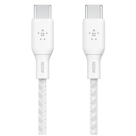 Belkin BoostCharge 2m White 100W USB-C to USB-C Cable CAB014BT2MWH - Durable Braided Nylon, Fast Data Transfer, 30,000 Bends, 2-Year Warranty