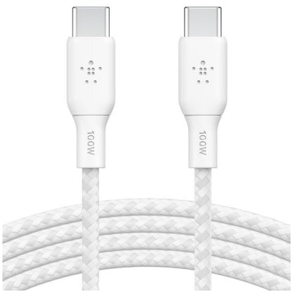 Belkin BoostCharge 2m White 100W USB-C to USB-C Cable CAB014BT2MWH - Durable Braided Nylon, Fast Data Transfer, 30,000 Bends, 2-Year Warranty