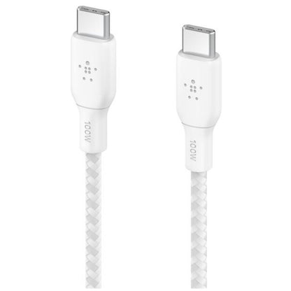 Belkin BoostCharge 2m White 100W USB-C to USB-C Cable CAB014BT2MWH - Durable Braided Nylon, Fast Data Transfer, 30,000 Bends, 2-Year Warranty