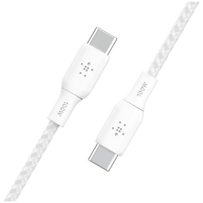 Belkin BoostCharge 2m White 100W USB-C to USB-C Cable CAB014BT2MWH - Durable Braided Nylon, Fast Data Transfer, 30,000 Bends, 2-Year Warranty