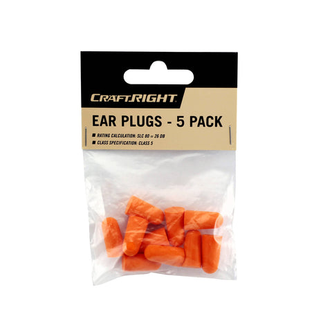 Craftright Polymer Ear Plugs, Taper Fit, 5 Pairs
