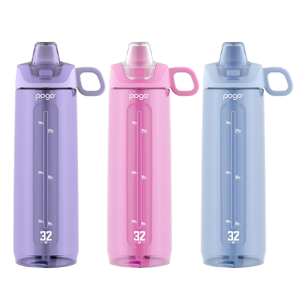 Pogo Tritan Water Bottle 946 ml x 3 Pack Pink Purple Blue - Leakproof, BPA-Free, Dishwasher Safe