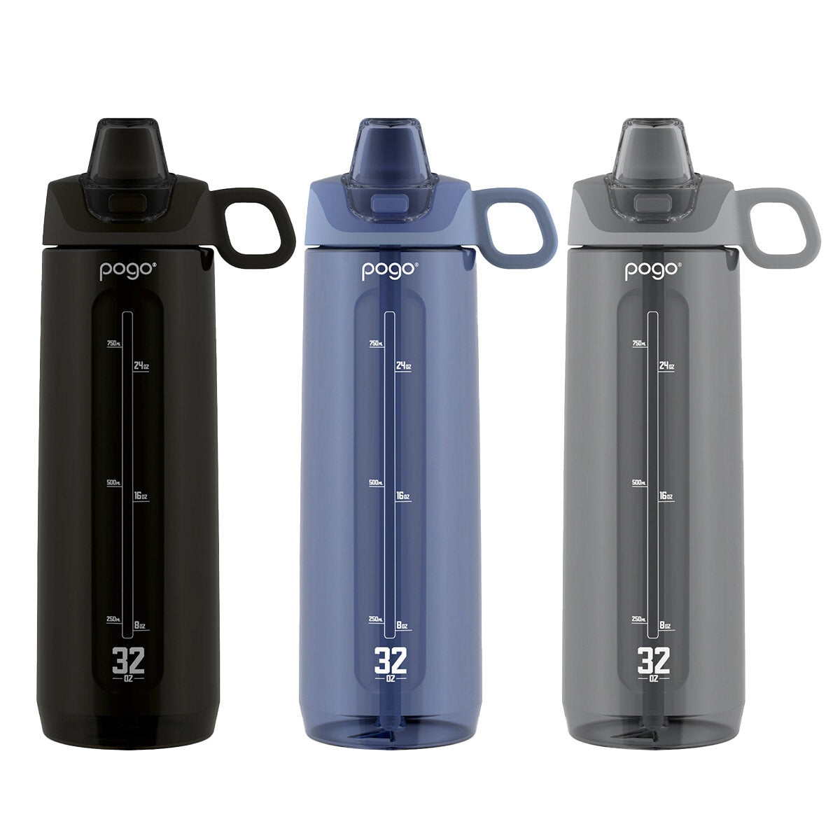 Pogo Tritan Water Bottle 946 ml x 3 Pack Storm Black Grey, BPA-Free, Leak-Proof Straw Lid, Carry Loop, Dishwasher Safe