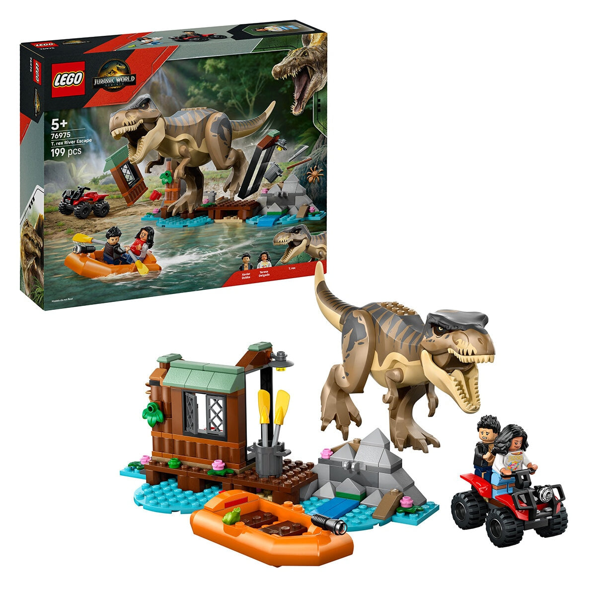 LEGO Jurassic World T. Rex River Escape 76975 Dinosaur Toy Set with Shed, Boat Launcher, and ATV - 199 Pieces
