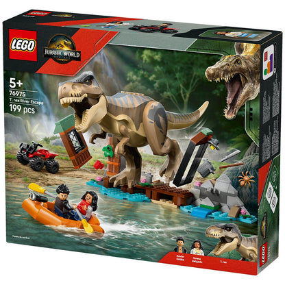 LEGO Jurassic World T. Rex River Escape 76975 Dinosaur Toy Set with Shed, Boat Launcher, and ATV - 199 Pieces