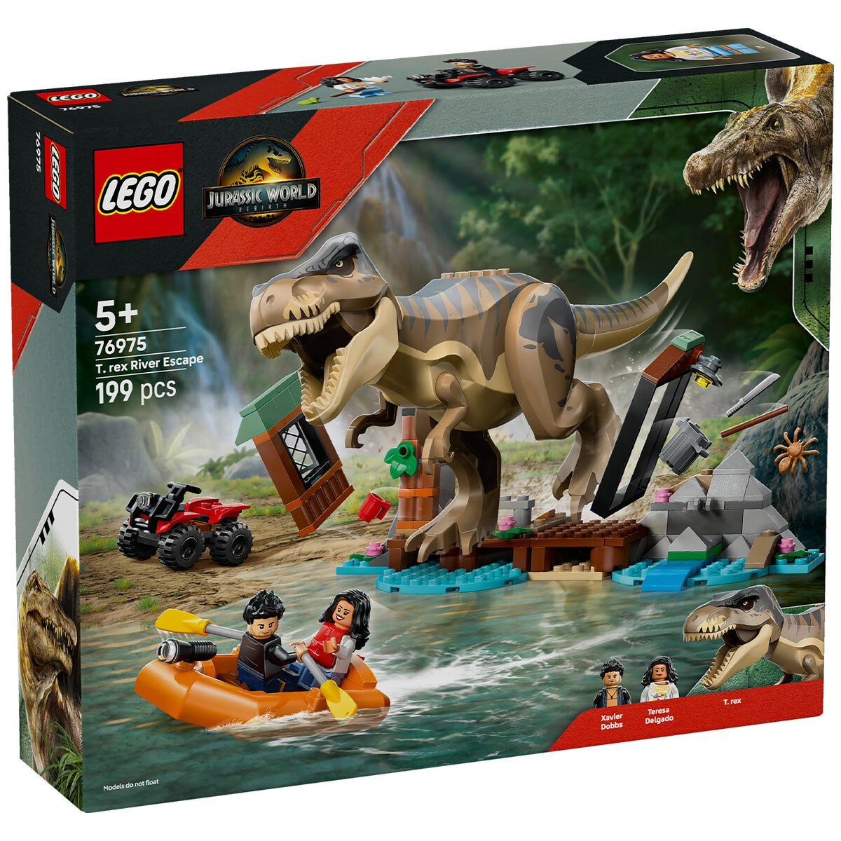 LEGO Jurassic World T. Rex River Escape 76975 Dinosaur Toy Set with Shed, Boat Launcher, and ATV - 199 Pieces
