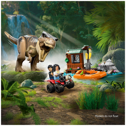 LEGO Jurassic World T. Rex River Escape 76975 Dinosaur Toy Set with Shed, Boat Launcher, and ATV - 199 Pieces