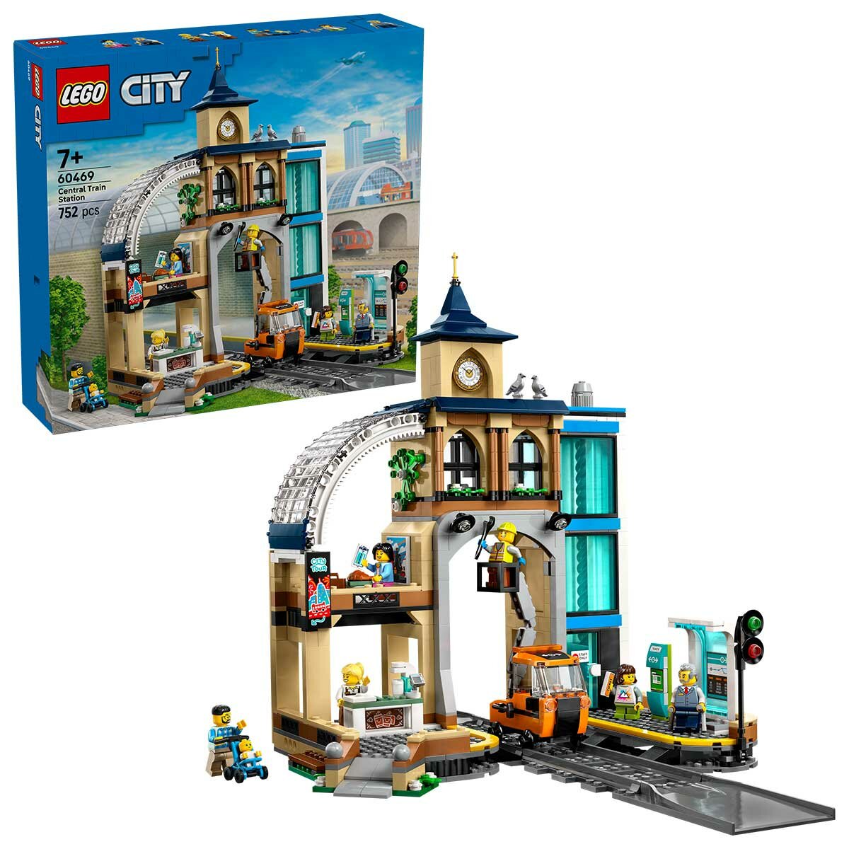 LEGO City Central Train Station 60469 with Clock Tower, Coffee Bar, Lift, and Railway Maintenance Vehicle