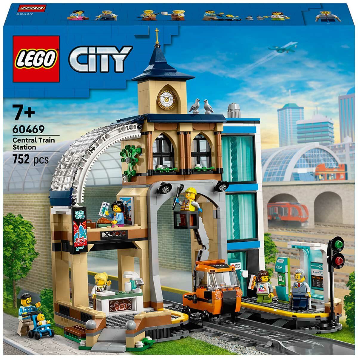 LEGO City Central Train Station 60469 with Clock Tower, Coffee Bar, Lift, and Railway Maintenance Vehicle