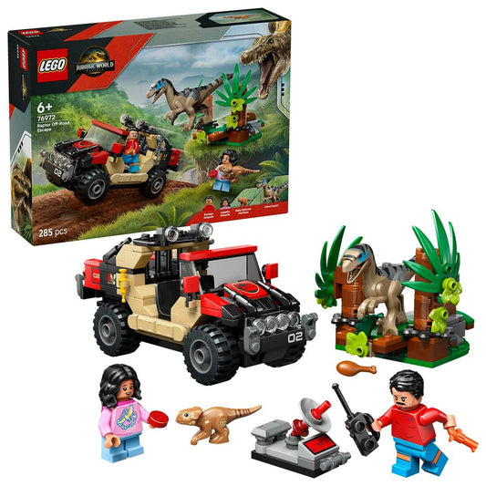 LEGO Jurassic World Raptor Off Road Escape 76972 Dinosaur Playset with Reuben and Isabella Delgado Minifigures, Baby Dolores Pet Dinosaur