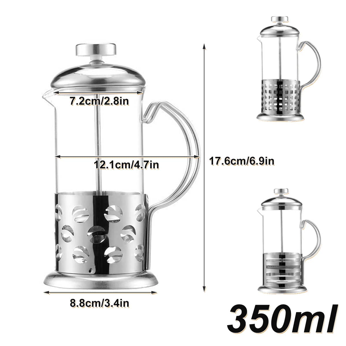 350ml Stainless Steel French Press Coffee Maker Heat Resistant Glass - Square Grid Pattern - view 4