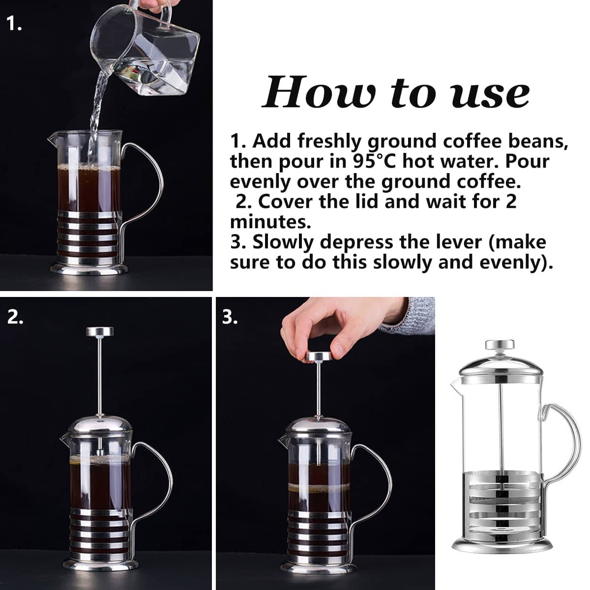 350ml Stainless Steel French Press Coffee Maker Heat Resistant Glass - Square Grid Pattern - view 5