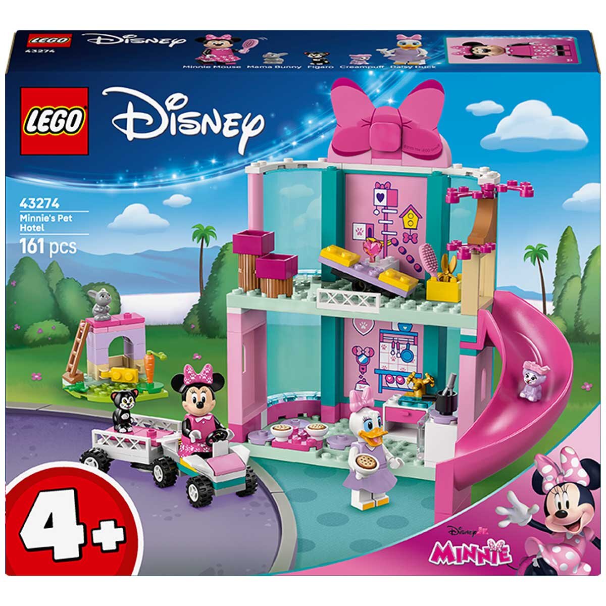 LEGO Disney Minnie's Pet Hotel 43274 Building Set with Minifigures, Play Kitchen, Bunny Hutch, Car, and Trailer