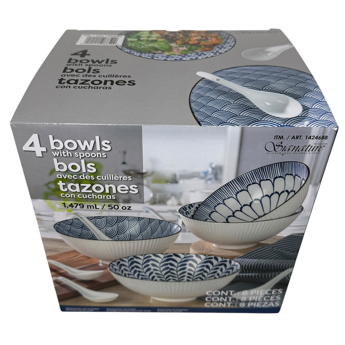 Signature Stoneware Bowls With Spoon Set - 8 Piece, Blue & White Pattern, Microwave & Dishwasher Safe