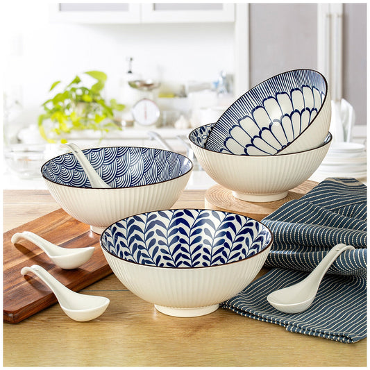 Signature Stoneware Bowls With Spoon Set - 8 Piece, Blue & White Pattern, Microwave & Dishwasher Safe