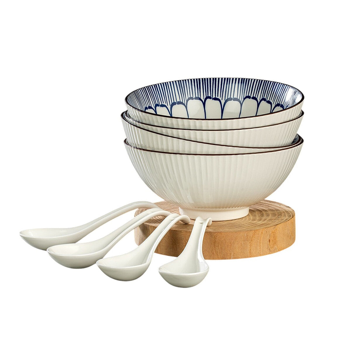 Signature Stoneware Bowls With Spoon Set - 8 Piece, Blue & White Pattern, Microwave & Dishwasher Safe