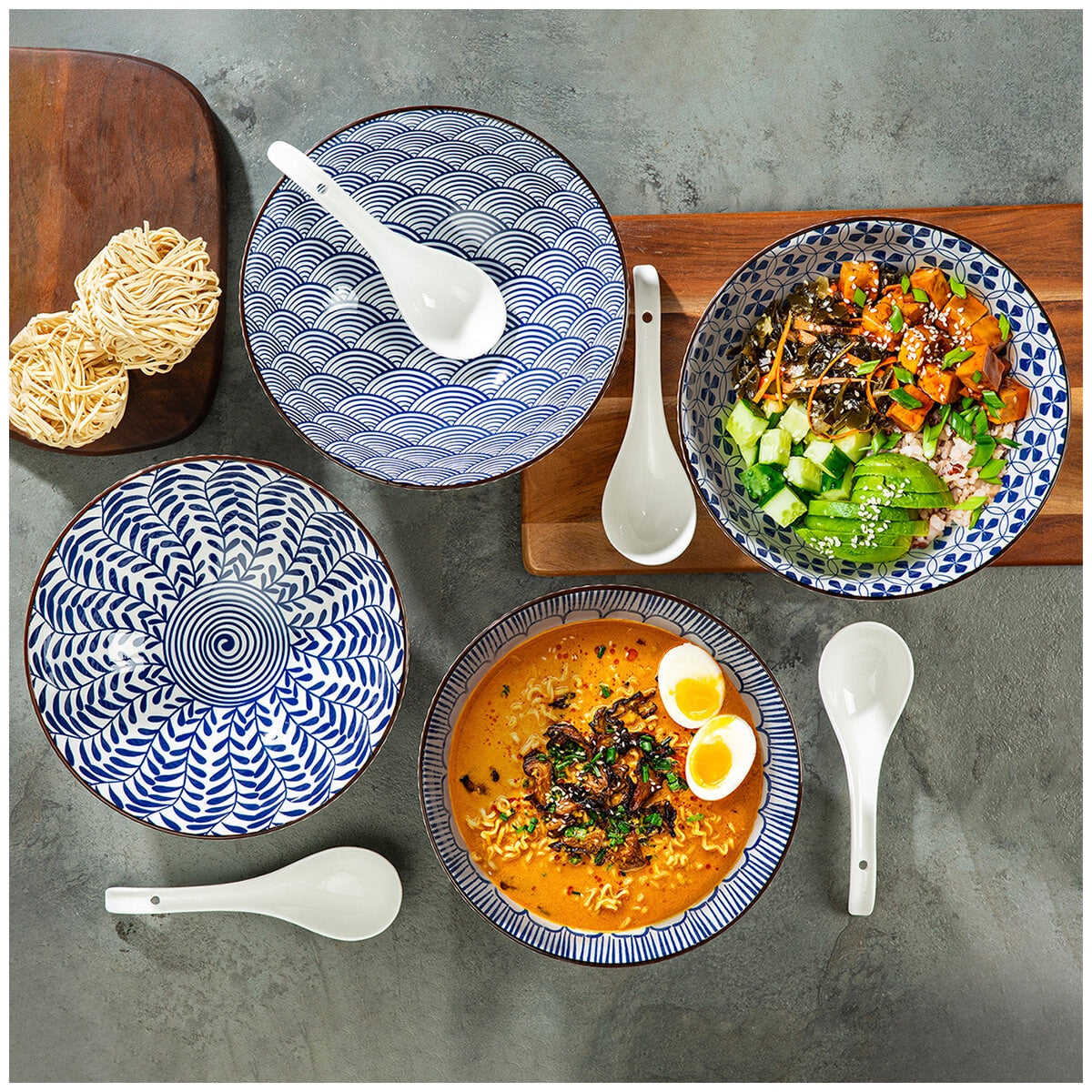 Signature Stoneware Bowls With Spoon Set - 8 Piece, Blue & White Pattern, Microwave & Dishwasher Safe