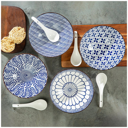 Signature Stoneware Bowls With Spoon Set - 8 Piece, Blue & White Pattern, Microwave & Dishwasher Safe