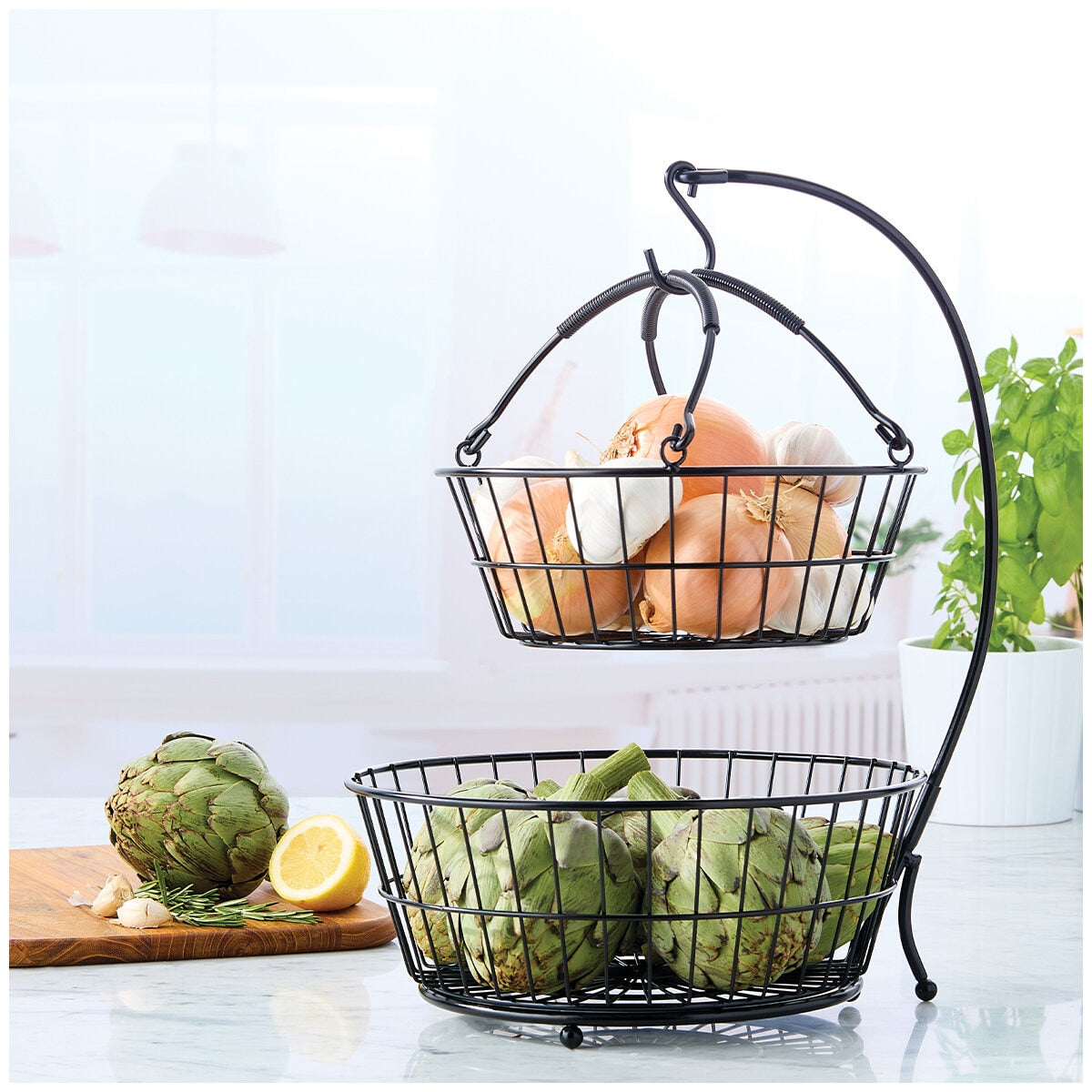 Gourmet Basics Mikasa Tully 2 Tier Basket with Banana Hook, 2 Fruit Storage Baskets, Black Finish, 32.6 x 30.2 x 44 cm