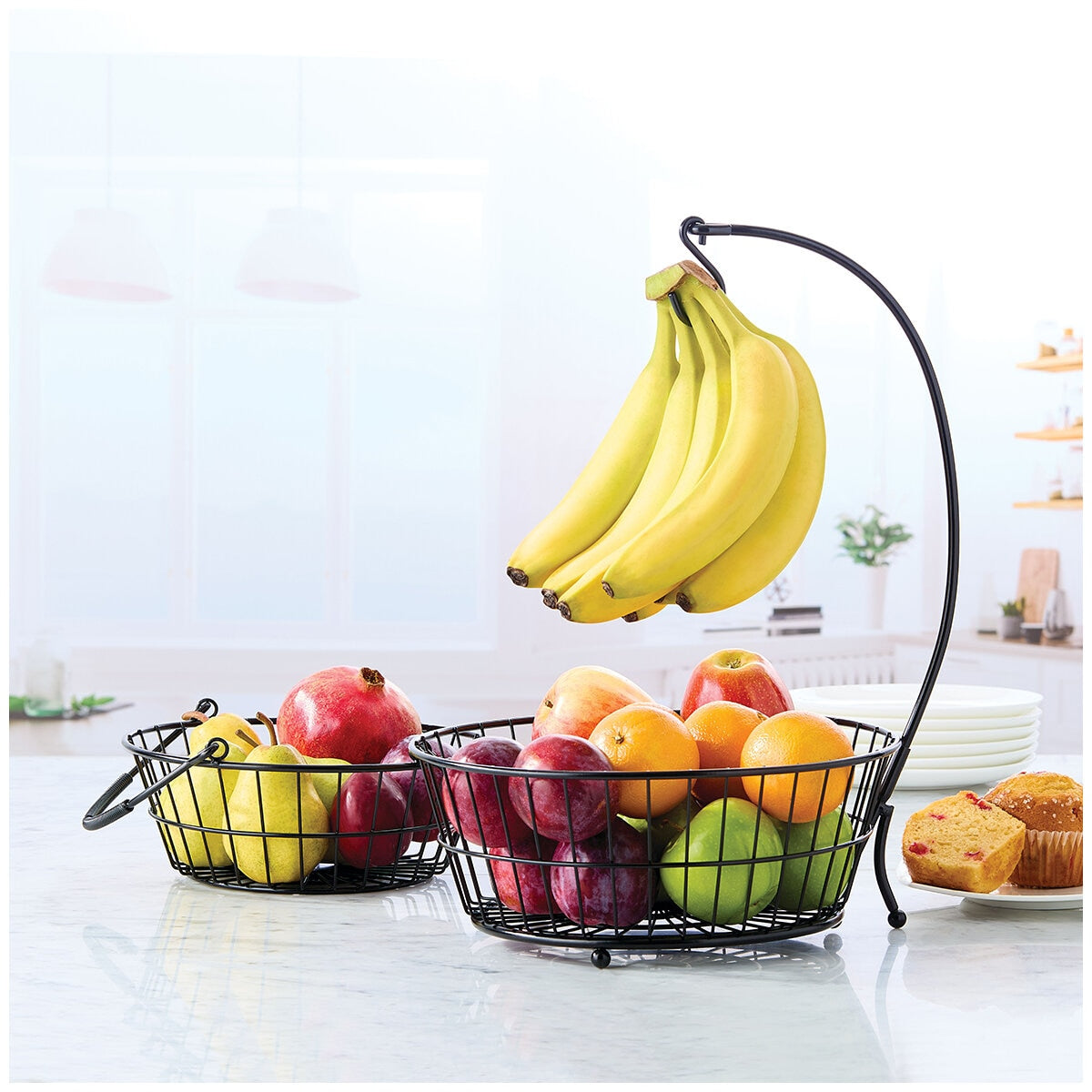 Gourmet Basics Mikasa Tully 2 Tier Basket with Banana Hook, 2 Fruit Storage Baskets, Black Finish, 32.6 x 30.2 x 44 cm