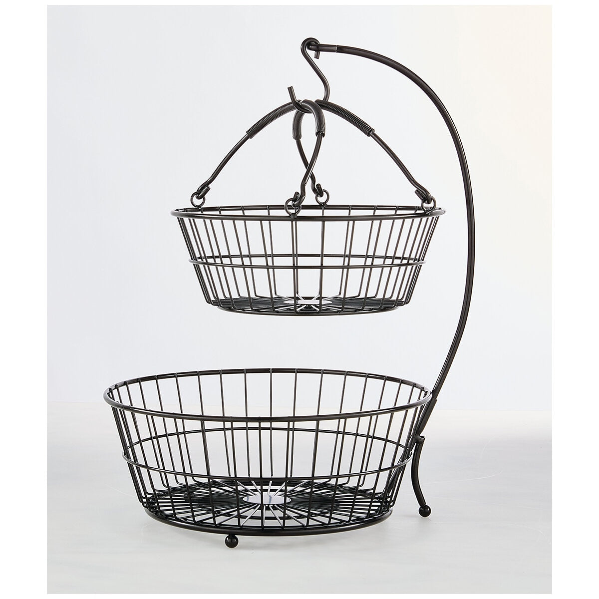 Gourmet Basics Mikasa Tully 2 Tier Basket with Banana Hook, 2 Fruit Storage Baskets, Black Finish, 32.6 x 30.2 x 44 cm