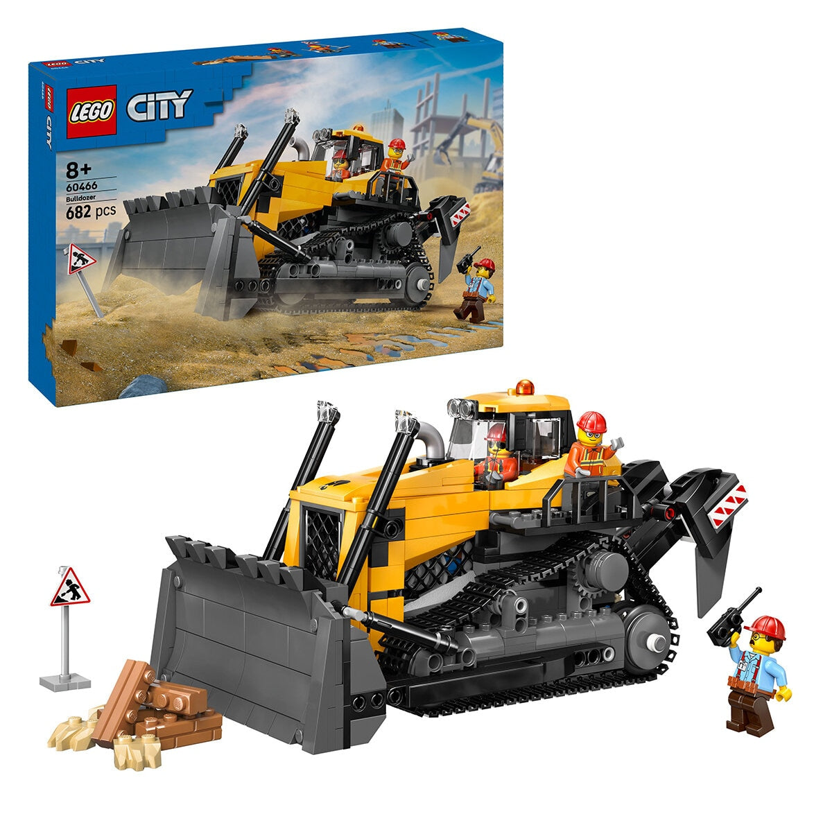 LEGO City Yellow Bulldozer 60466 Toy Vehicle with Moving Pistons, Cooler Fan, and 2 Worker Minifigures